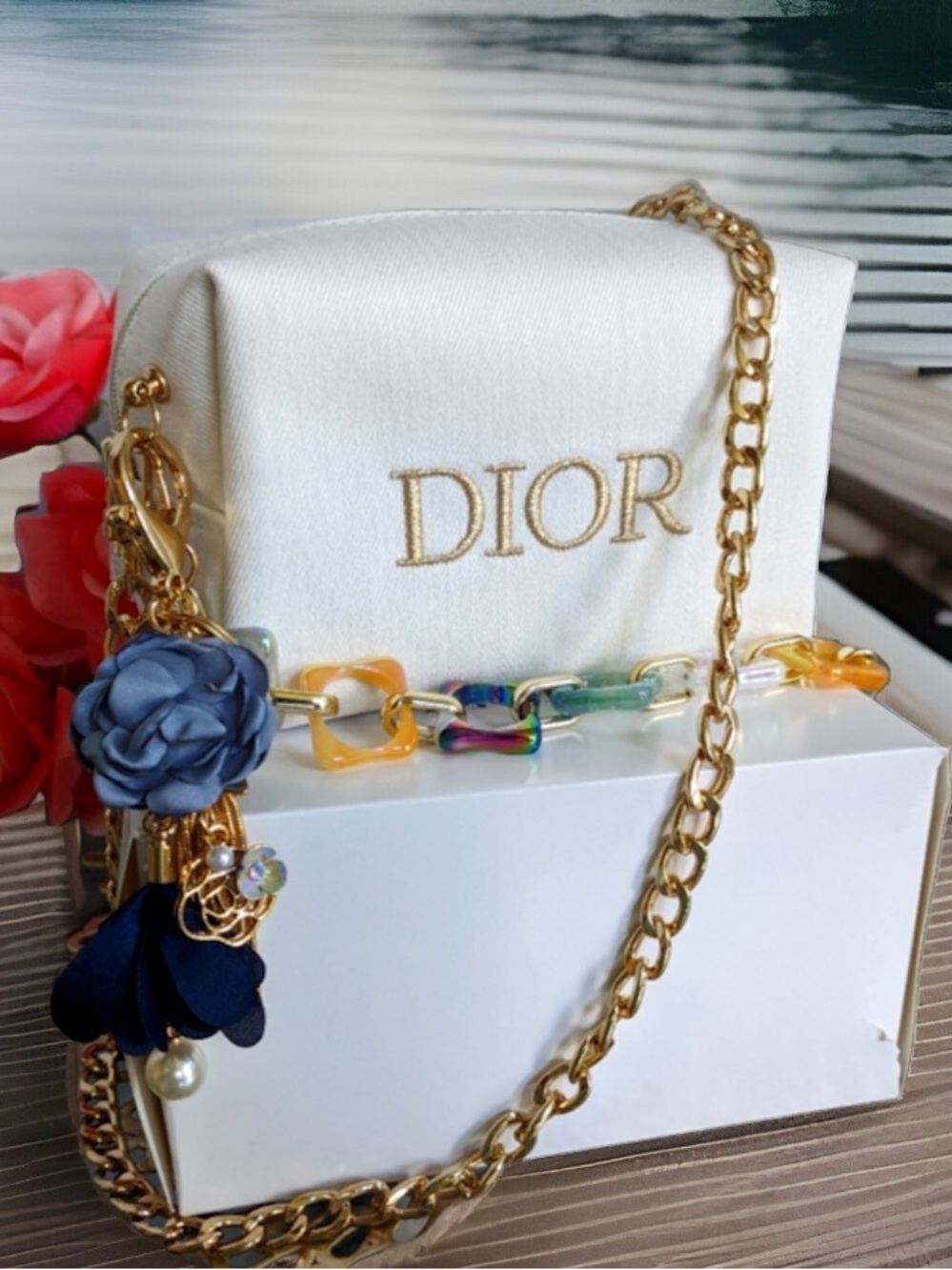 Dior White Satin Mini Shoulder Bag with Gold Chain and Floral Charms